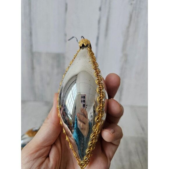 Vintage tinsel teardrop glass ornament Victorian set Xmas silver gold tree - Picture 8 of 9